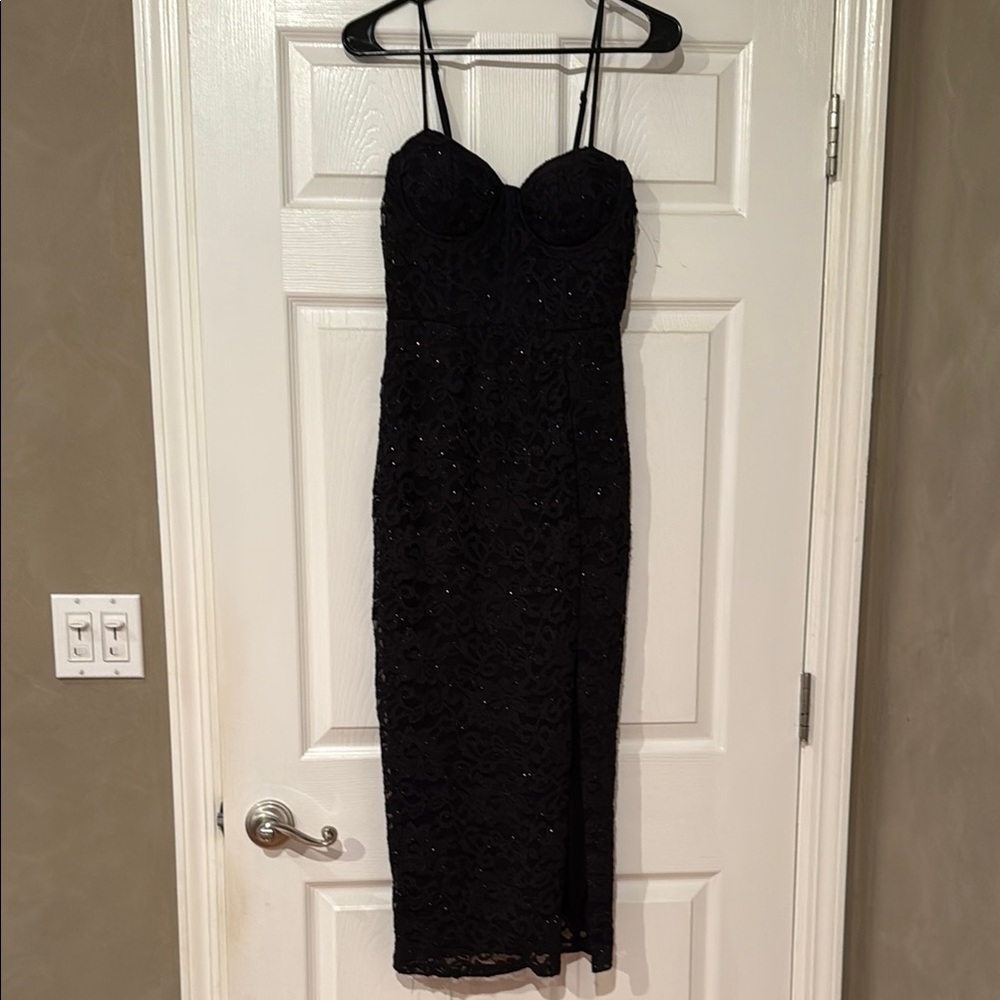 Windsor Black Lace Midi Dress with Spaghetti Straps